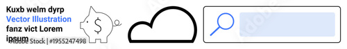 Financial planning, cloud services, online search, data storage, internet resources, cost savings. Piggy bank with dollar, cloud search bar. Financial planning and cloud services concepts