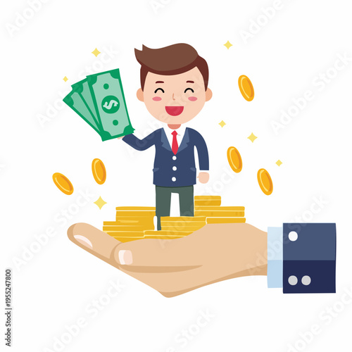 A cartoon man in a business suit holds cash and stands on gold coins emerging from a hand.