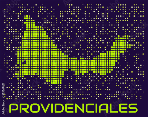 Providenciales dots map. Turks and Caicos. Digital style shape of the island. Providenciales map and title lime colored square dots with round corners. Amazing Vector Illustration.