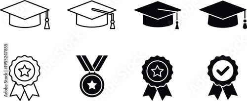 Graduation cap and award badge icons set for education achievement certificate and academic success symbols