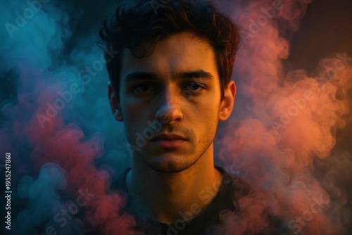 Man stands among colorful smoke, creating a dramatic atmosphere in a dimly lit setting during an evening shoot