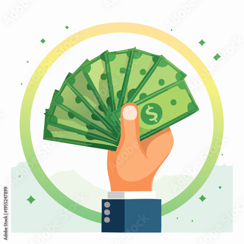 A hand holding a fan of green bills in a circular frame with sparkles.