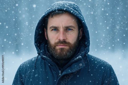 Man stands in falling snow in a winter landscape with a hooded jacket and beard, looking directly at the camera in a cold setting
