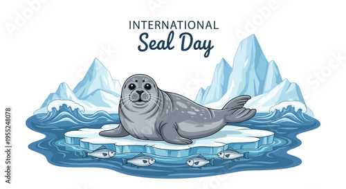 A gray seal rests on an ice floe surrounded by icy waters and fish, with icebergs in the background, celebrating International Seal Day in a vector illustration with a conservation