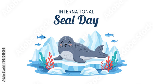 Illustration of a seal on ice with seaweed and fish for International Seal Day, promoting marine mammal conservation awareness with a colorful design.