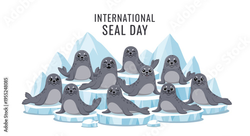 A digital illustration of a group of seals on icebergs for International Seal Day with a conservation awareness theme.