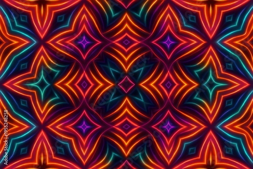 Colorful neon pattern with floral shapes on a dark background creating a vibrant design for various uses such as wallpapers or textiles