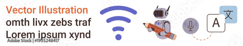 AI translation, language processing, digital literacy, voice recognition, wireless communication, multilingual tech. Robot with tools, speech icon and translation symbol. AI translation and language