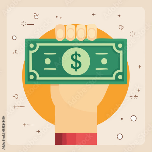 A hand holds a dollar bill surrounded by various symbols and icons.