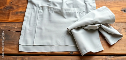 Soft grey linen napkins & apron folded on rustic wooden table, object, fold