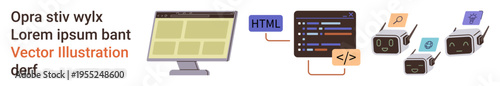 Web development, programming, coding, data storage, technology, network systems. A monitor, HTML code and servers are displayed. Web development and programming concepts for technology