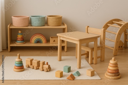 Colorful play area with wooden toys and decor in a bright room for children engaging with safe and simple activities