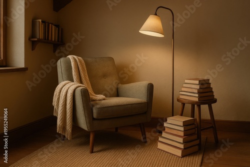 Cozy reading corner with armchair and books in soft light