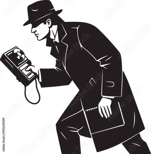 A shadowy figure in a fedora and trench coat, holding a recording device and notebook, embodies the essence of an investigative journalist.