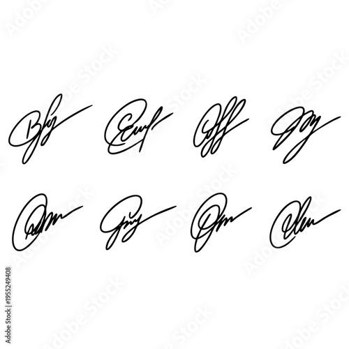 Eight identical black ink signature vector illustrations on white background