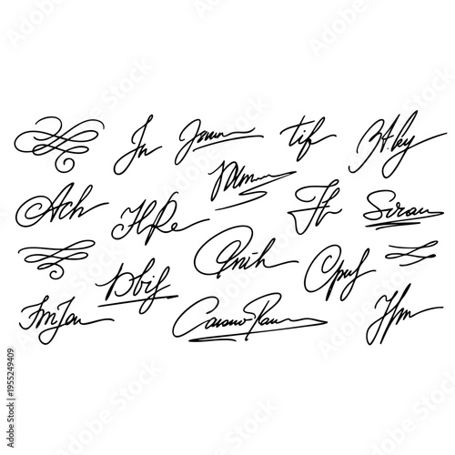 Vector illustration of various cursive signatures and autographs collection