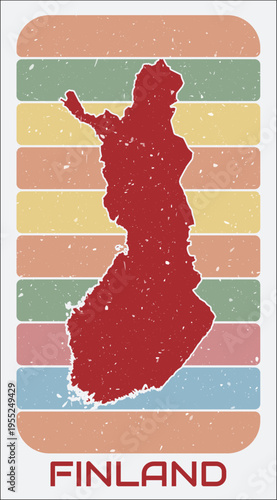 Finland vintage logo. Shape of the country on retro colored stripes background. Finland map design with grunge scratch texture. Vector illustration.