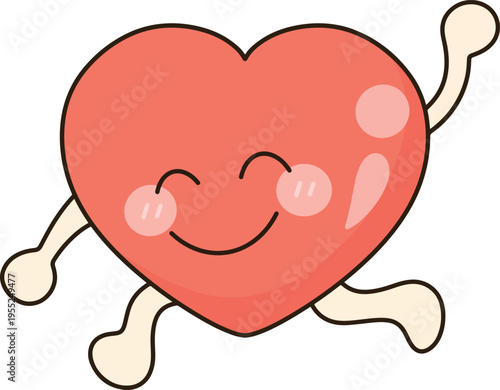 Cute Happy Heart Character Running and Waving Hand Minimal Hand Drawn Digital Art for Kids