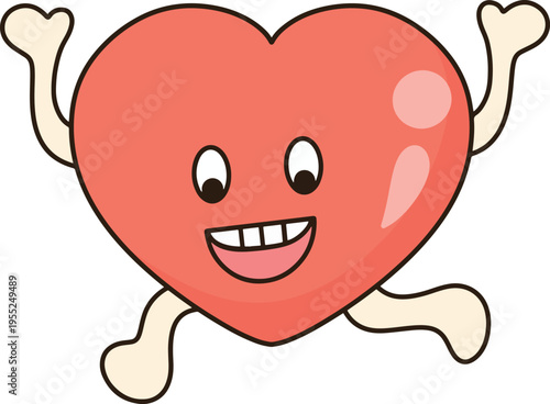 Cute Pink Heart Character Toothy Smile Running with Arms Up Minimalist Hand Drawn Digital Illustration