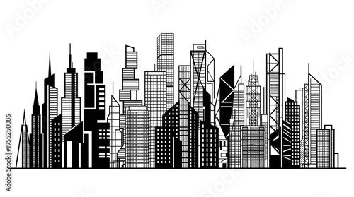 Detailed cityscape silhouette illustration featuring modern buildings and skyscrapers, representing urban life and development on an isolated white background.