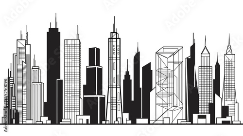 Panoramic City Skyline with Mixed Silhouette and Outline Buildings on Isolated White Background