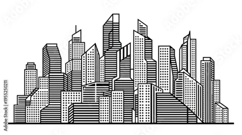 Fototapeta na wymiar Abstract Geometric City Skyline Illustration Representing Modern Urban Environment on Isolated White Background, Contemporary Architectural Art