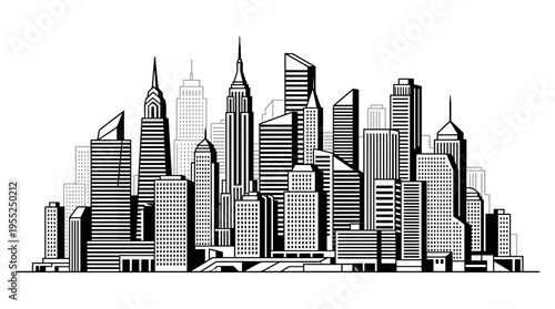 Detailed City Skyline with Modern Skyscrapers and Buildings Line Art on Isolated White Background