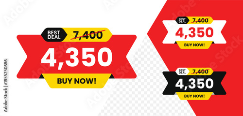Price before and after modern sale banner with ribbon and big discount price tag, crossed old price, and best deal, buy now words isolated on white background. For icon, logo, label, badge, sign. Vect