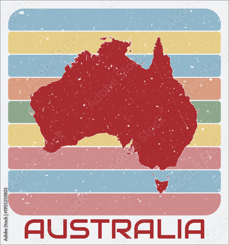 Australia vintage logo. Shape of the country on retro colored stripes background. Australia map design with grunge scratch texture. Vector illustration.