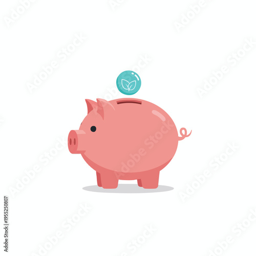 Pink piggy bank with a green leaf coin being inserted