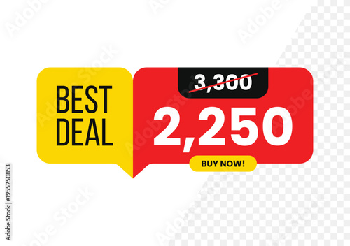Price before and after modern rounded sale banner with speech bubble and big discount price tag, crossed old price, and best deal buy now words isolated on white background. Vector Illustration