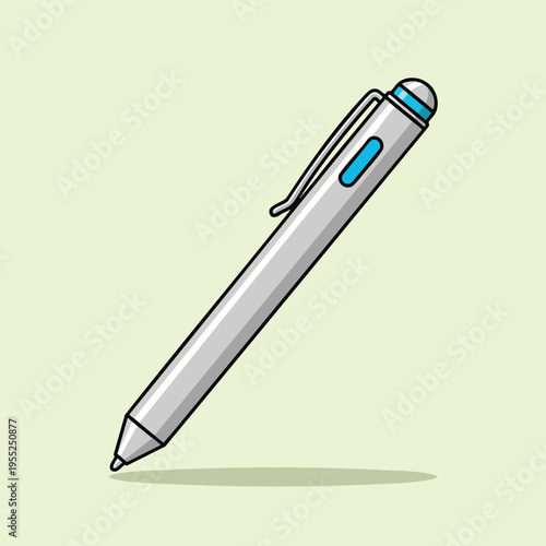 A silver pen with a blue band on its tip, angled against a pale green background