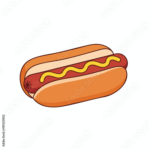 A cartoon-style hot dog in a bun with mustard, on a white background