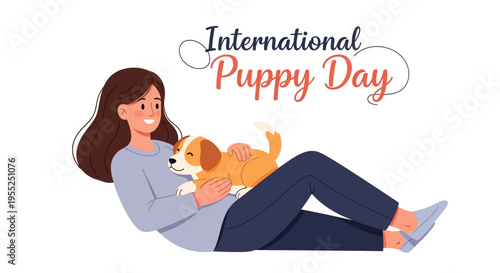 A woman lies on her back with a cute puppy on International Puppy Day against a clean white background with vector illustrations.
