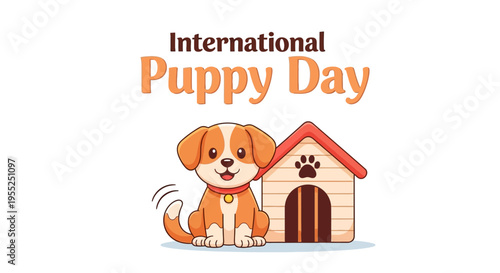 Vector illustration of a cute puppy sitting beside a doghouse on International Puppy Day with a playful design and adorable concept.