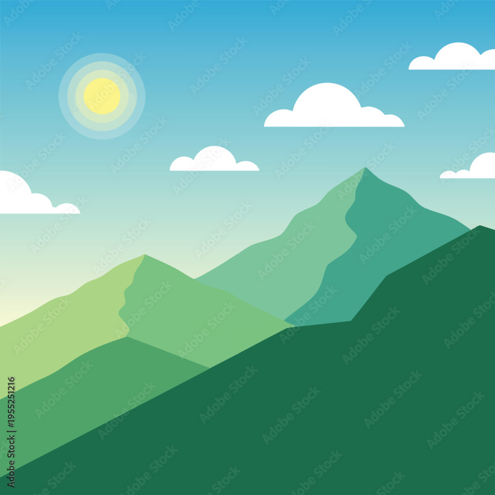 Fototapeta premium Stylized green mountain range under a clear blue sky with sun and clouds
