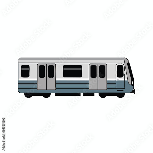 Stylized depiction of a modern commuter train with grey and blue accents, isolated on white
