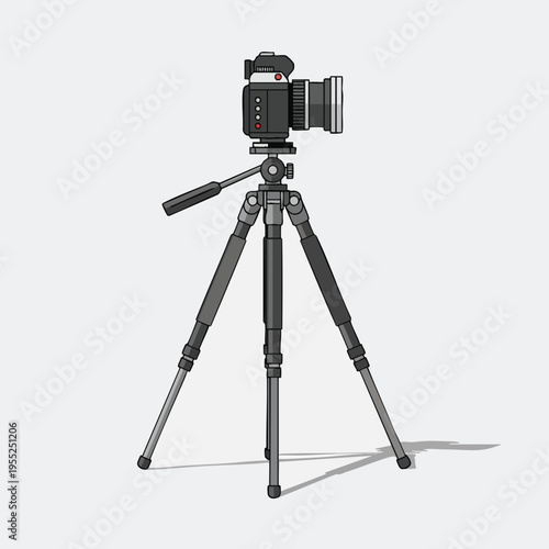 A modern camera sits atop a sturdy, collapsible tripod against a plain background