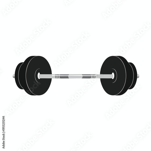A weightlifting barbell with black plates and a textured bar on a white background