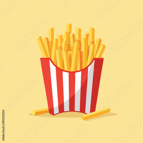 Crisp golden fries overflow a red and white striped carton