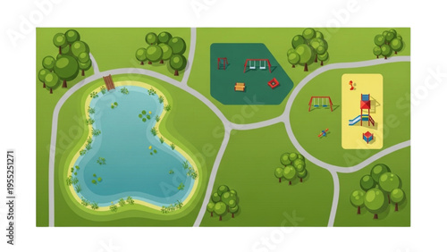 Park playground and serene lake with green trees and grassy areas