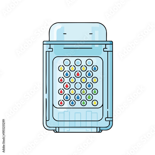 Blue rectangular container with internal cells holding colored drops