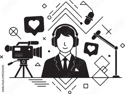 A minimalist illustration of a news broadcaster with headphones, camera, microphone, and social media elements, representing a broadcasting setup.
