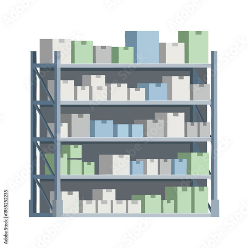 A tall, multi-shelf metal rack stocked with various colored cardboard boxes