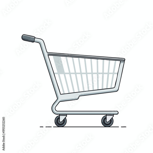 Minimalist illustration of a silver shopping cart with gray handle on a white background