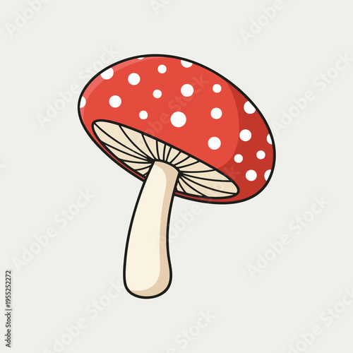 Red mushroom with white polka dots and cream stem, set against a pale background