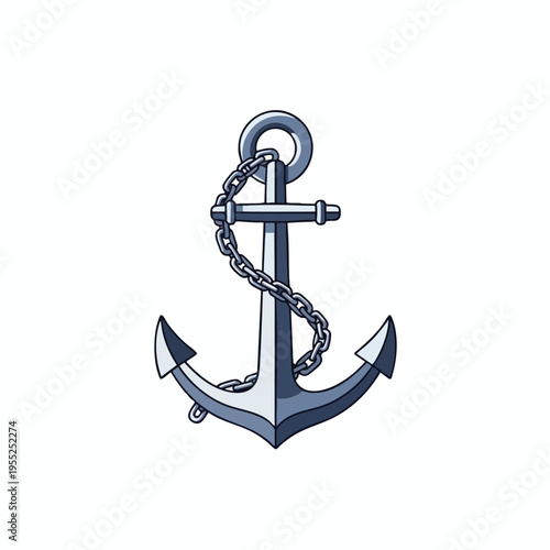 Blue, stylized anchor with a metal chain against a white background