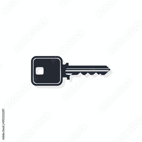 A simple dark gray key with rounded edges and a subtle shadow on white