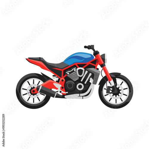 Striking red and blue motorcycle with exposed engine and black wheels