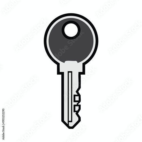 A simple, stylized graphic of a single silver-colored key with a gray head and a black outline
